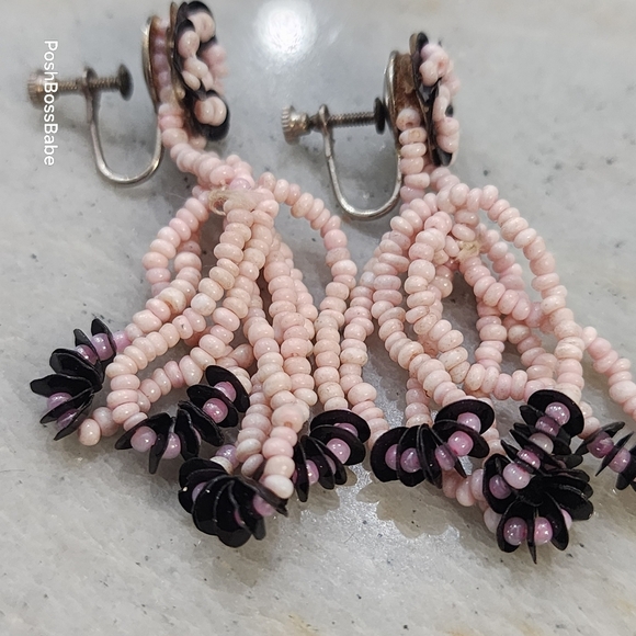 Vintage Pink Beaded Flower Dangle Earrings – 2" Screw Back - Picture 3 of 7